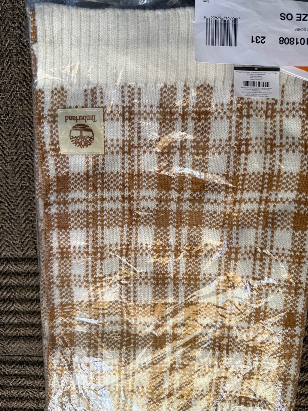 Timberland Cream & Camel Plaid Knit Scarf